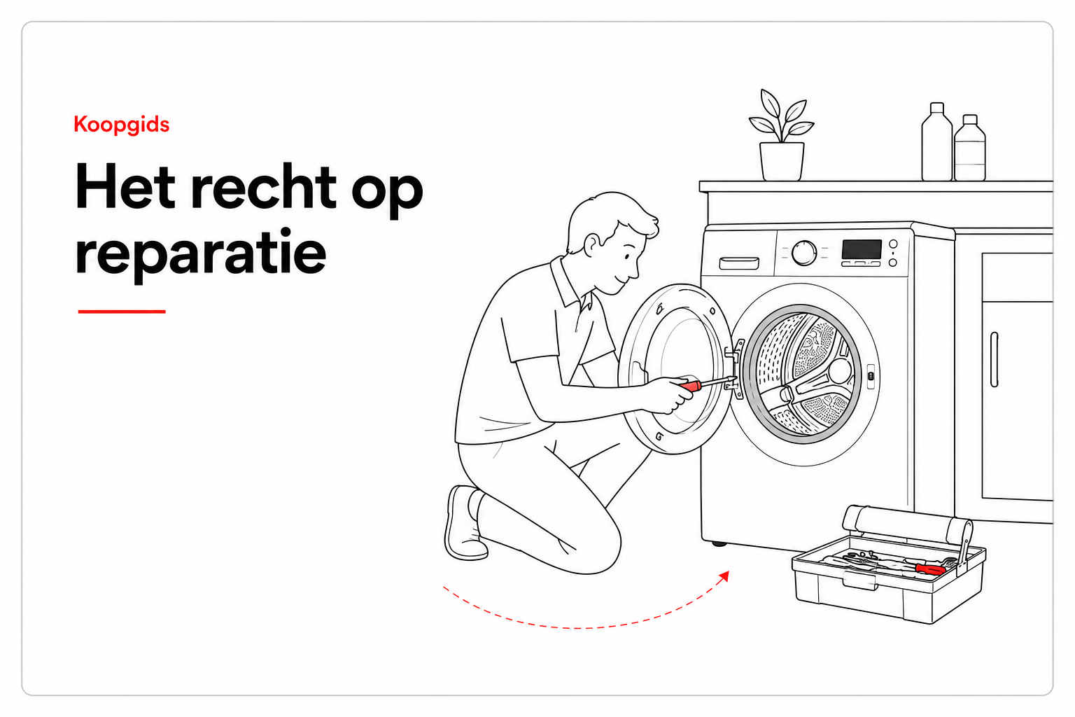 Lijnillustratie van een monteur die een wasmachine repareert – recht op reparatie voor witgoed