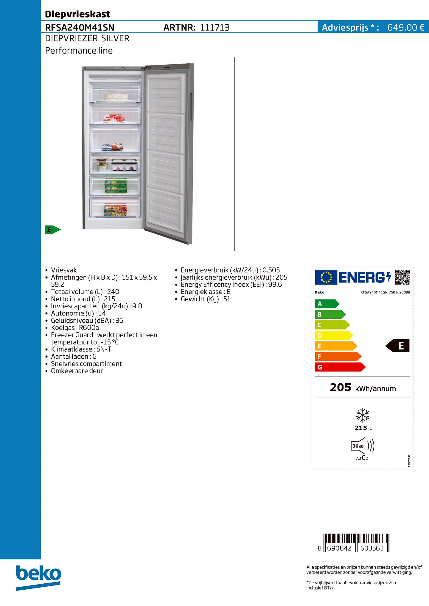 Beko RFSA240M41SN vrieskast