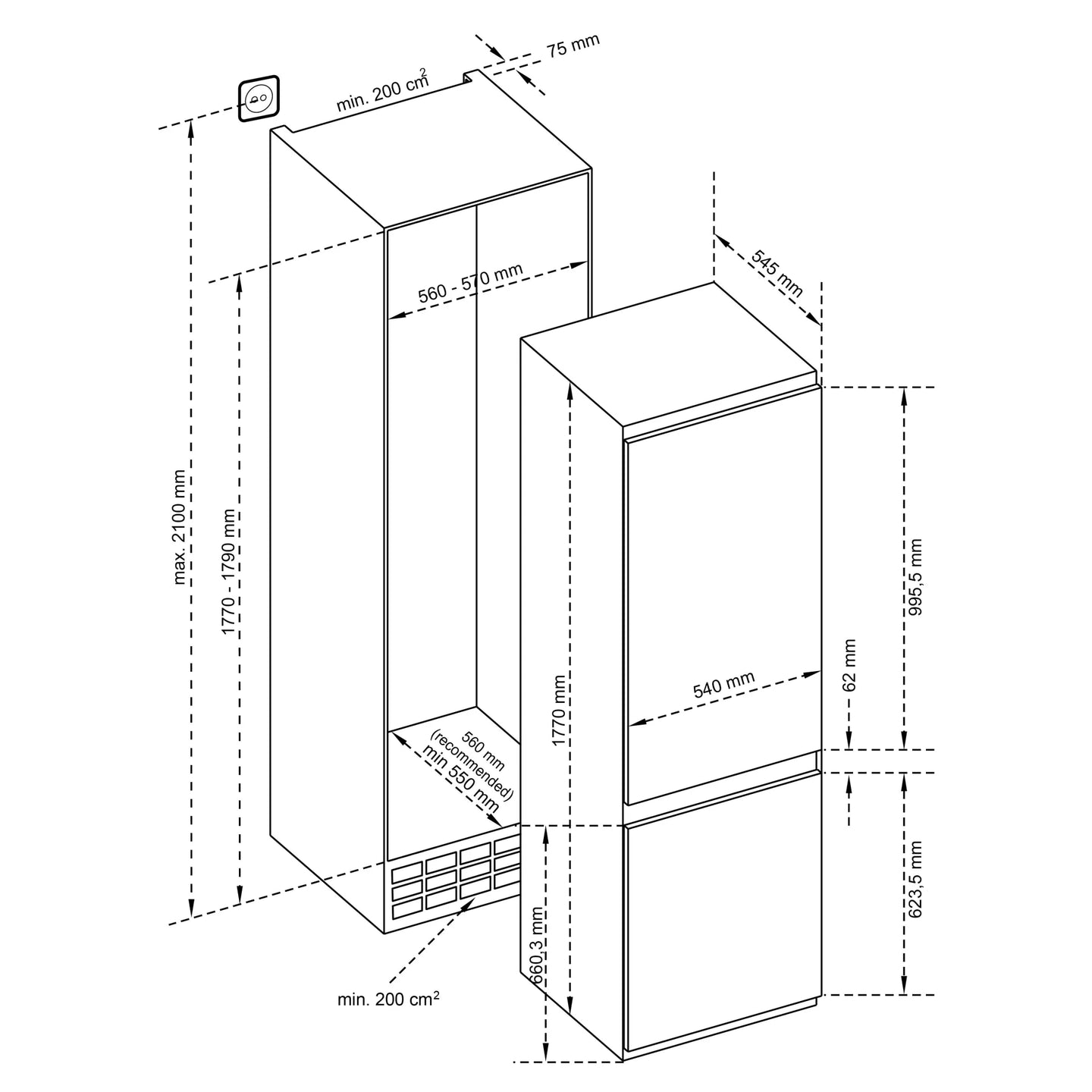 Inventum  IKV1788S Inbouw koel- en vrieskast nismaat 178 cm sleepdeur systeem