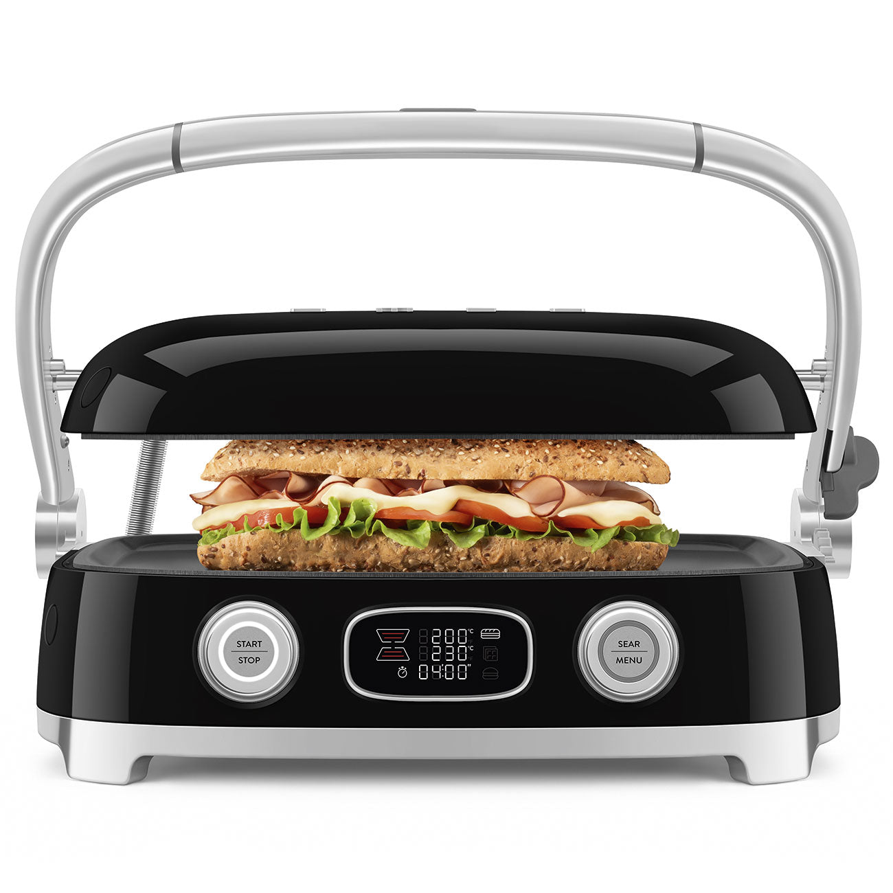 SMEG MGF01BLEU Multi Grill zwart geopend met grillplaten