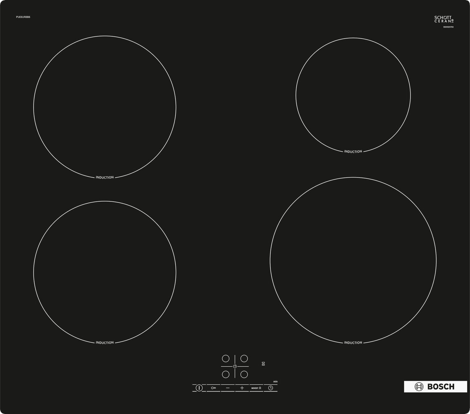 Bosch Serie 4 PUE61RBB6E kookplaat Zwart Ingebouwd 59.2 cm Inductiekookplaat zones 4 zone(s)